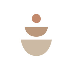 Abstract minimalist geometric shapes stacked in a balanced composition neutral earth tones tan and terracotta on a clean white background with a single circle above two semi-circles