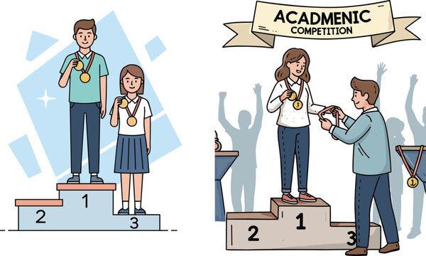 Academic competition, award ceremony, podium winners, gold medal, student achievement, education success, recognition event, school contest, celebration, ranking, honor, teamwork,