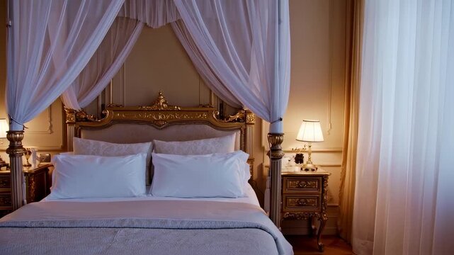 Luxurious bedroom with a four-poster bed, draped in white sheer curtains,  light beige walls, and gold-toned furniture