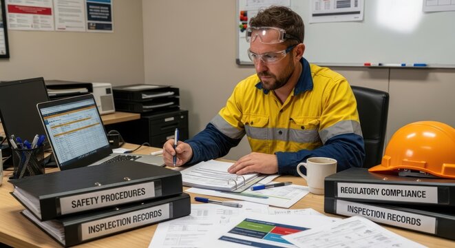 Industrial Safety Manager Working on Compliance Paperwork in an Office.