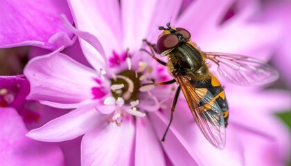 A detailed view of a hoverfly on a pink flower, foraging for nectar