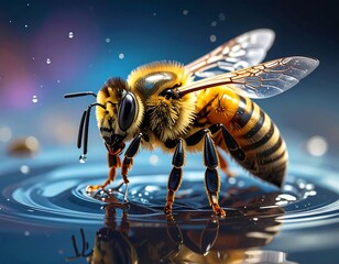 A detailed view of a bee on rippling water, with a blurred backdrop