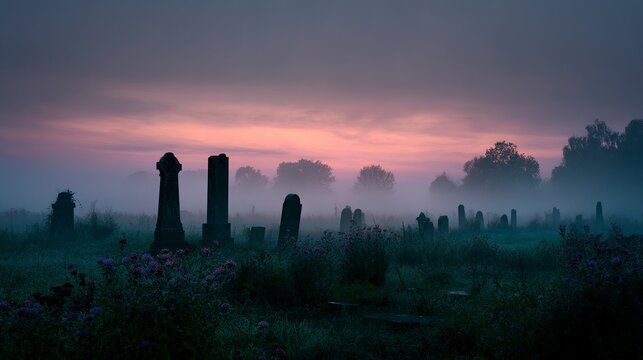 Foggy Cemetery Landscape with Old Headstones at Dawn  