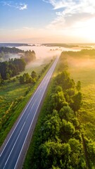 Aerial view of a straight highway stretching through a sunrise landscape