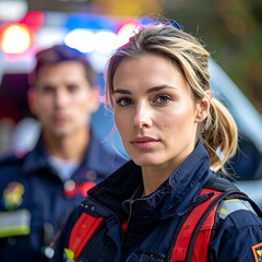 A determined paramedic stands with a colleague in front of an ambulance