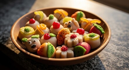Colorful marzipan sweets in a wooden bowl