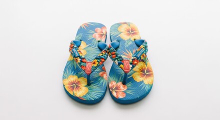 Colorful floral flip-flops, pair, top-down view