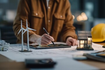 Architect designing sustainable building using digital tablet amidst mini windmills and model homes