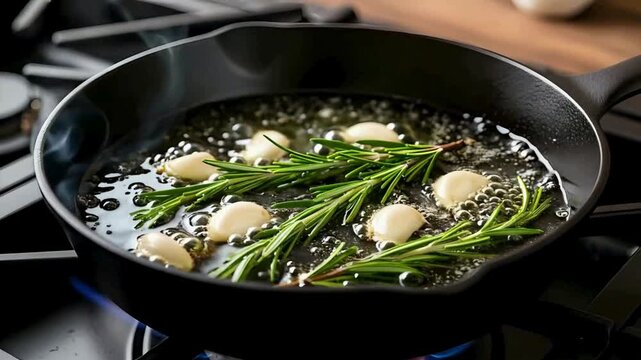 Sizzling garlic cloves infused with rosemary sprigs create a fragrant symphony in a cast iron skillet, promising delicious flavor in every bite