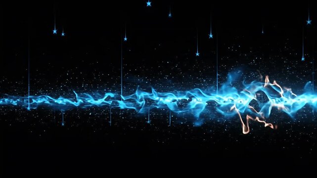 Abstract Blue Energy Wave with Falling Stars on Black Background
