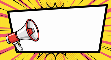 Red and White Cartoon Megaphone with Blank Comic Book Frame