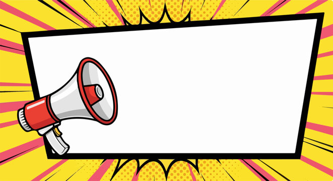Red and White Cartoon Megaphone with Blank Comic Book Frame