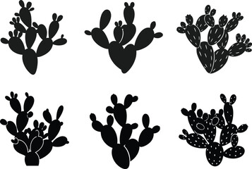 Cactus silhouette set, black nature graphic, prickly pear design, desert plant icon, botanical vector, stylized pad structure, landscape illustration, spiny cactus shape, minimal flora