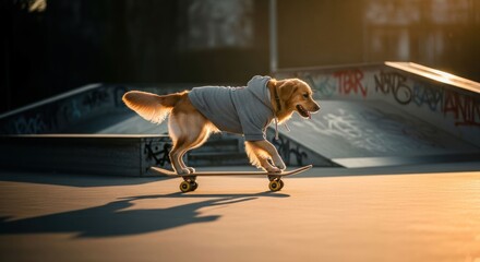 Golden retriever dog skateboarding in a skatepark at sunrise