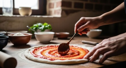 Hands spreading tomato sauce on pizza base