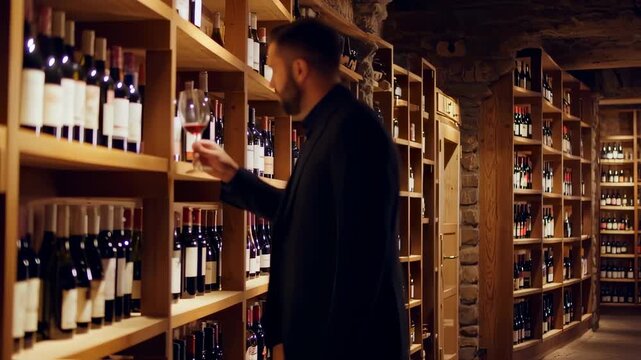 Man examining wine bottles in a wine cellar
