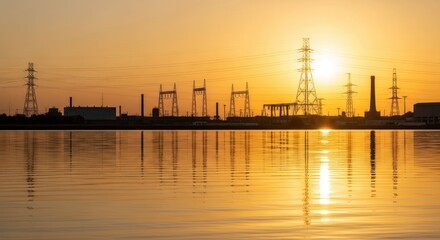 Fototapeta premium Industrial waterfront at sunrise. Silhouetted industrial structures reflected in calm water. Golden hues