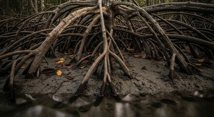 Fototapeta premium Mangrove roots spread wide over muddy ground