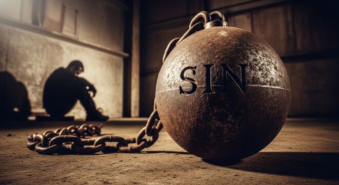 Man sits shadowed, weighty sin