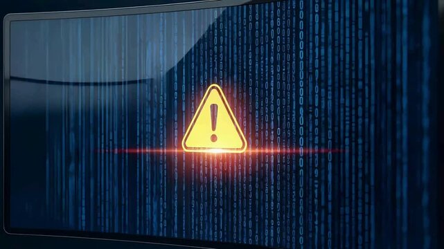 Cybersecurity threat alert with binary code stream, warning sign for digital security vulnerability or data breach on monitor screen
