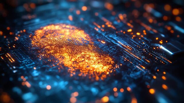 Digital fingerprint on circuit board, futuristic technology concept.