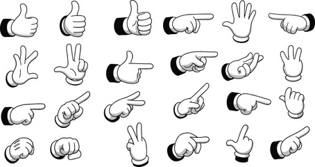 Cartoon hand gestures, white gloves illustration, expressive finger signs, classic animation style, pointing, thumbs up, peace sign, symbolic hands, playful design, vector icons