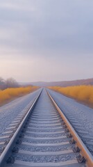 Fototapeta premium Train Tracks Through Golden Field striking captures railway line bisecting vast, sunlit agricultural landscape, evoking sense