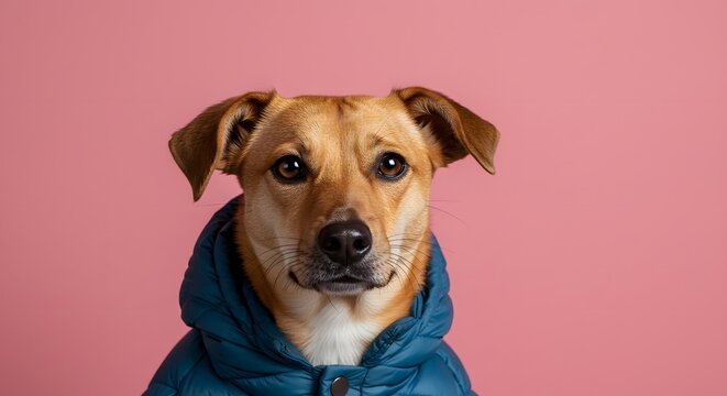 Adorable dog, brown fur, wearing blue hooded jacket, posed against pink backdrop. Looking directly at camera
