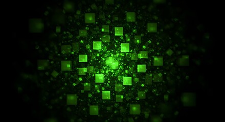 Abstract, radial display of glowing green squares and specks against a black background