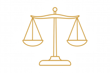 Justice scales outlining legal concepts, balancing law, verdict, equity, and ethical decision-making, transparent background