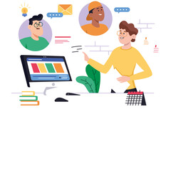 Diverse Team Collaborating Remotely Using Digital Tools on a Transparent Background Vector Illustration