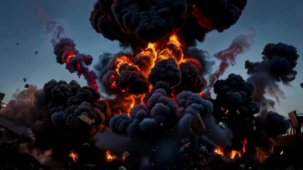 Massive explosion fills the sky with fire and debris, creating a dramatic and intense scene perfect for action movies or disaster scenarios