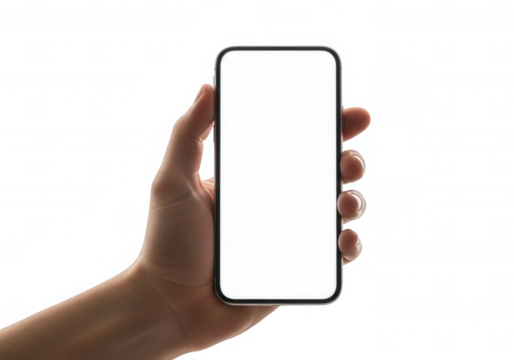 Hand holding blank screen smartphone isolated on a transparent background