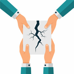 Four hands holding a torn document with a dark crack