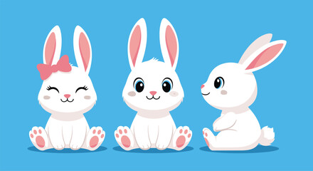 Fototapeta premium Three adorable white cartoon bunnies sitting against a blue background.