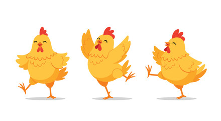 Three cheerful yellow cartoon chickens dancing with joy and happiness on a white background.