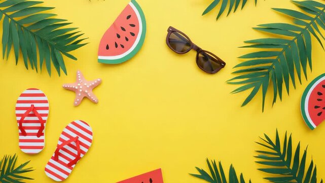 Playful Summer Flat Lay with Watermelon, Sunglasses, Flip-Flops and Palm Leaves