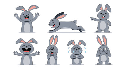 A collection of adorable cartoon bunnies expressing a range of emotions and actions.
