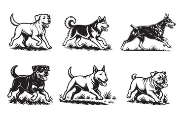 Vector set featuring six popular dog breeds Labrador, Husky, Doberman, Rottweiler, Bull Terrier, Bulldog all running happily in black and white