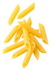 falling of raw penne pasta isolated on white background