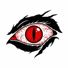 Graphic illustration of a bloodshot eye with a red iris and black jagged lashes, presented as a vector graphic on a clean white background with a menacing mood.