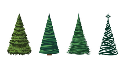 Four stylized pine trees in various shades of green and pixelated designs.