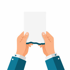 Hands Holding Torn Paper with Blue Edge, Isolated on White Background