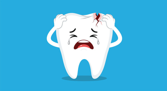 A crying cartoon tooth with a crack and blood on its head is holding its head in pain.