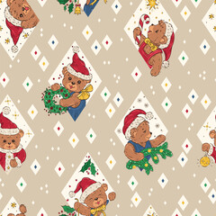 Christmas Seamless Pattern with Rhombuses and Cute Christmas Teddy Bears in Santa Hat, Vector Illustration