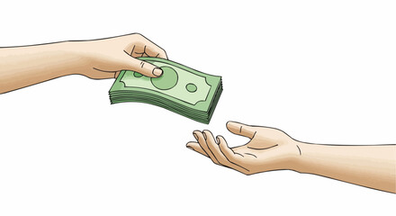 Visual representation of a monetary exchange, featuring one hand passing a stack of banknotes to another receiving hand, ideal for illustrating concepts of finance, commerce, and giving