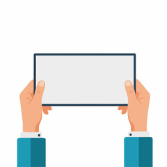 Two hands in blue sleeves holding a horizontal tablet with a blank screen. Flat vector illustration.