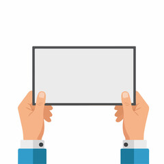 Hands holding a blank white rectangular sign for text or graphics