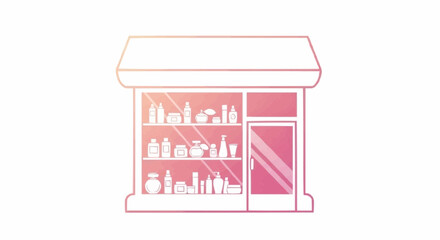 Shopfront Icon Illustration of a storefront with shelves showcasing various products for purchase, in a minimalist design