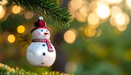 雪だるまのオーナメントの飾られたクリスマスツリー、美しいコピースぺース